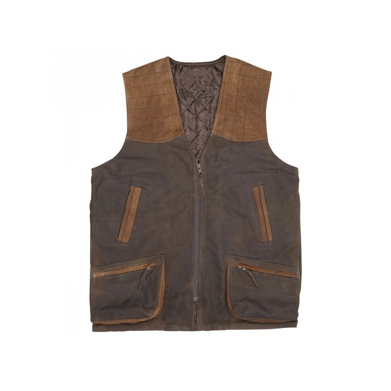 Gilet de chasse en cuir avec carnier ; poche arriere